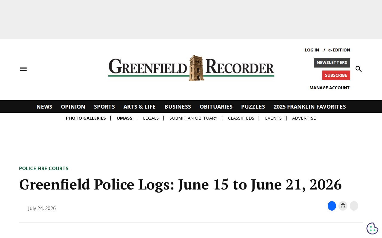 Franklin County crime news Greenfield grouped police log record