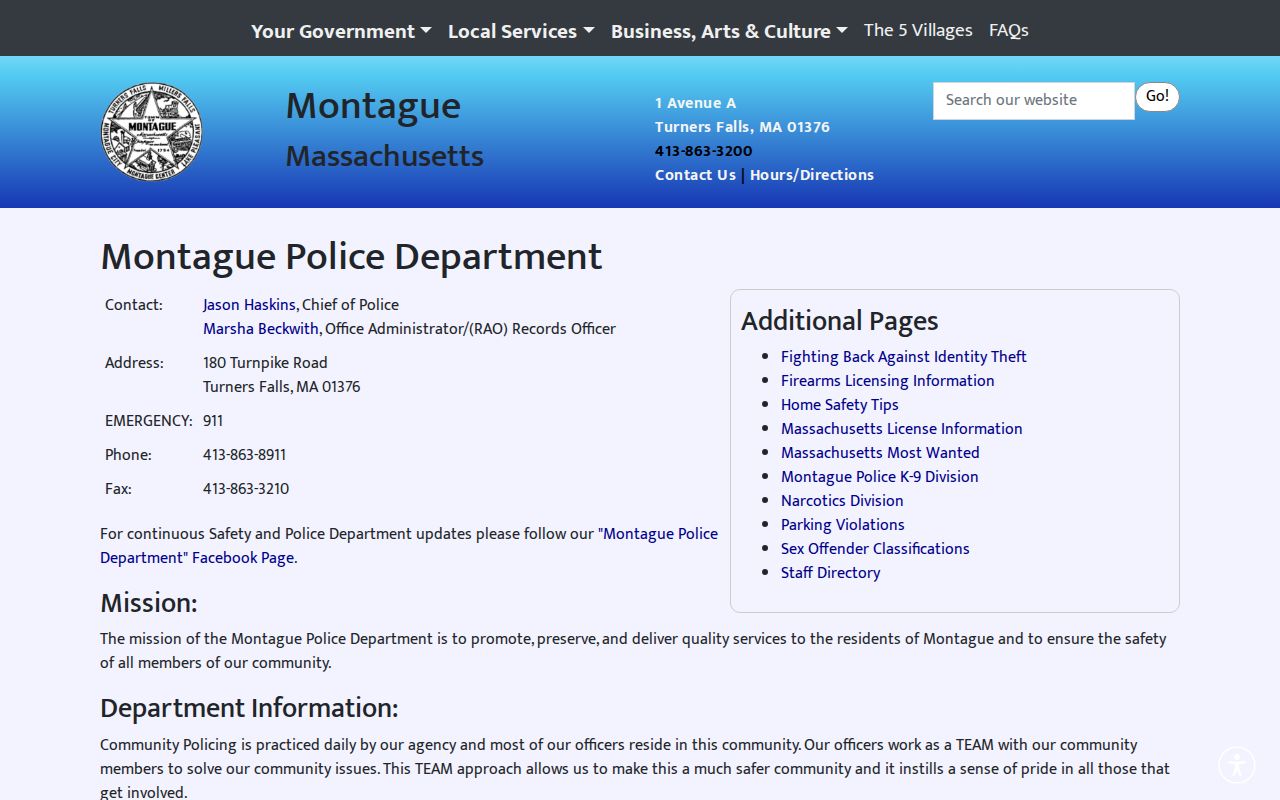 Montague Police Department official arrest records source in Franklin County